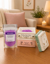 Load image into Gallery viewer, Clean and fresh laundry scented sizzlers granules the mess free alternative to wax, sitting in a ceramic fairytale wax burner on a clean living room table