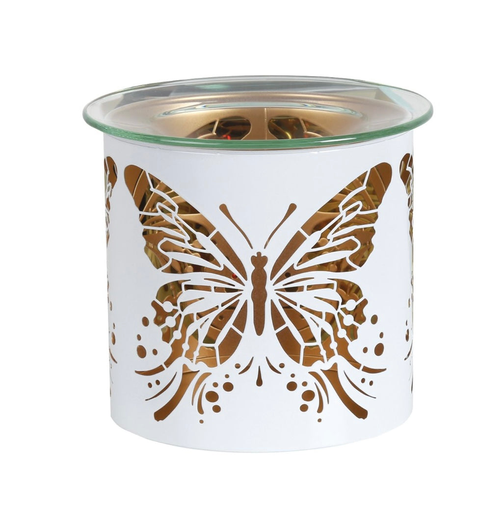 Tealight Wax Melter and Candle Holder - White & Gold Silhouette butterfly 10.5cm